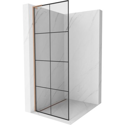 Mexen Kioto L, sprchová zástěna Walk-In 90 x 200 cm, 8mm čiré sklo černý vzor, ​​měděný matný profil, 800-090-103-65-77