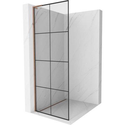 Mexen Kioto L, sprchová zástěna Walk-In 90 x 200 cm, 8mm čiré sklo černý vzor, ​​růžové zlato profil, 800-090-103-60-77