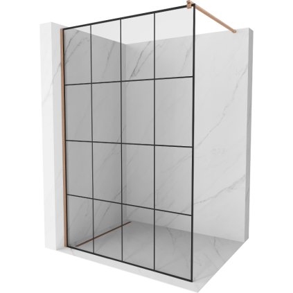 Mexen Kioto, sprchová zástěna Walk-In 140 x 200 cm, 8mm čiré sklo černý vzor, ​​měděný matný profil, 800-140-101-65-77