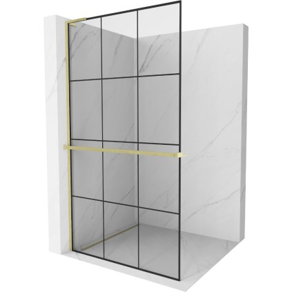 Mexen Kioto+ L, sprchová zástěna Walk-In s poličkou a věšákem 100 x 200 cm, 8mm čiré sklo černý vzor, ​​zlatý matný profil, 800-100-123-55-77