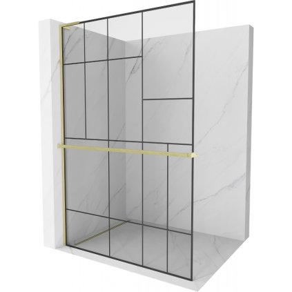 Mexen Kioto+ L, sprchová zástěna Walk-In s poličkou a věšákem 100 x 200 cm, 8mm čiré sklo černý vzor, ​​zlatý matný profil, 800-100-123-55-78
