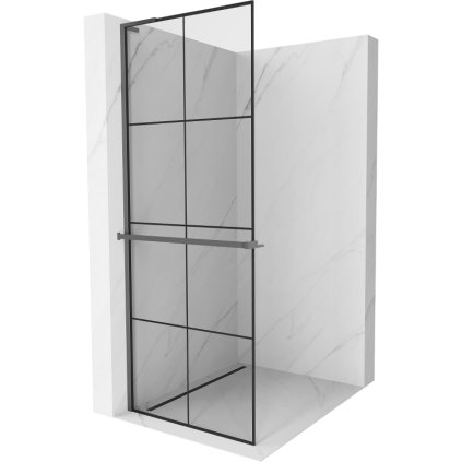 Mexen Kioto+ L, sprchová zástěna Walk-In s poličkou a věšákem 70 x 200 cm, 8mm čiré sklo černý vzor, ​​grafitový profil, 800-070-123-95-77