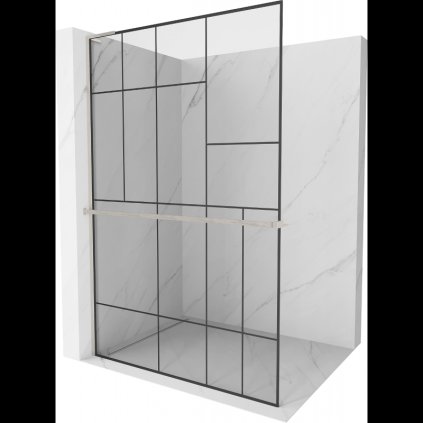 Mexen Kioto+ L, sprchová zástěna Walk-In s poličkou a věšákem 90 x 200 cm, 8mm čiré sklo černý vzor, ​​broušená ocel profil, 800-090-123-97-78