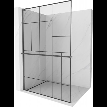 Mexen Kioto+ L, sprchová zástěna Walk-In s poličkou a věšákem 90 x 200 cm, 8mm čiré sklo černý vzor, ​​grafitový profil, 800-090-123-66-78