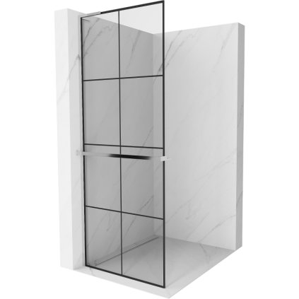Mexen Kioto+ L, sprchová zástěna Walk-In s poličkou a věšákem 90 x 200 cm, 8mm čiré sklo černý vzor, ​​chromový profil, 800-090-123-01-77