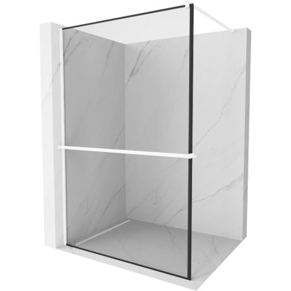 Mexen Kioto+, sprchová zástěna Walk-In s poličkou a věšákem 110 x 200 cm, 8mm čiré sklo černý vzor, ​​bílý profil, 800-110-121-20-70
