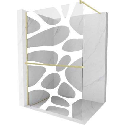 Mexen Kioto+, sprchová zástěna Walk-In s poličkou a věšákem 140 x 200 cm, 8mm čiré sklo bílý vzor, ​​zlatý matný profil, 800-140-121-55-97