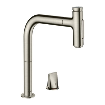 Hansgrohe Metris Select M71, dvouotvorová páková kuchyňská baterie s vytahovací sprškou, vzhled nerezu, HAN-73819800