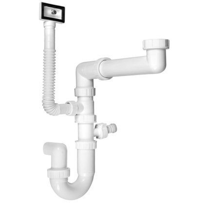 Bruckner, Dřezový sifon šetřící místo s přepadem a odbočkou 1"1/2, odpad 40mm, bílá, 155.126.0
