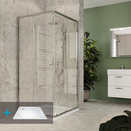 Mereo, Kora Lite sprchový set: sprchový kout 90x90x185cm, chrom ALU, sklo čiré, 90 cm, vanička, sifon, CK34123ZM