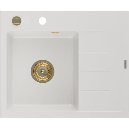 Mexen Ben, 1-komorový granitový dřez 600x500x190 mm, levý + zlatý sifon, bílá, 6522605000-20-G