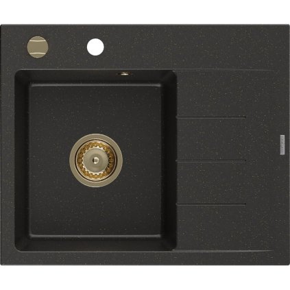 Mexen Ben, 1-komorový granitový dřez 600x500x190 mm, levý + zlatý sifon, černá-zlatá metalíza, 6522605000-75-G