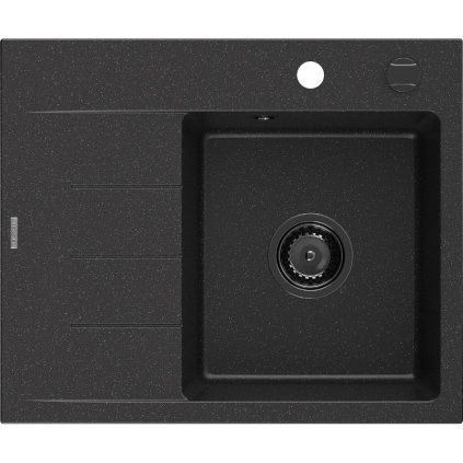 Mexen Ben, 1-komorový granitový dřez 600x500x190 mm, pravý + černý sifon, černá-stříbrná metalíza, 6523605000-73-B