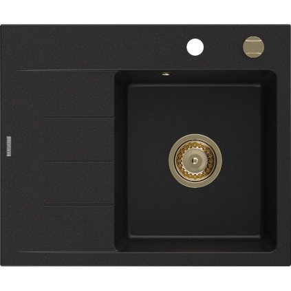 Mexen Ben, 1-komorový granitový dřez 600x500x190 mm, pravý + zlatý sifon, černá, 6523605000-77-G