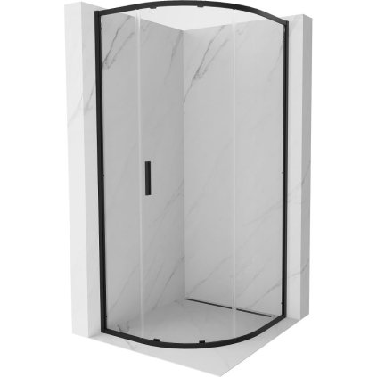 Mexen Exo, čtvrtkruhový sprchový kout s posuvnými dveřmi 90 x 90 cm, 6mm čiré sklo, černý profil, 8131-090-090-70-00