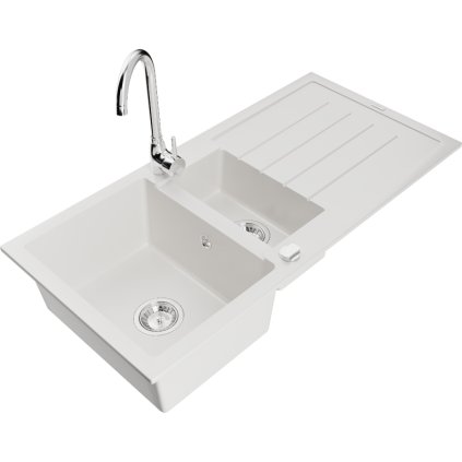Mexen Andres 1,5-komorový granitový kuchyňský dřez s odkapávačem 100x50 cm a kuchyňská baterie Telma, bílá, 6515-20-670200-00