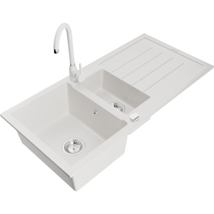 Mexen Andres 1,5-komorový granitový kuchyňský dřez s odkapávačem 100x50 cm a kuchyňská baterie Telma, bílá, 6515-20-670200-20