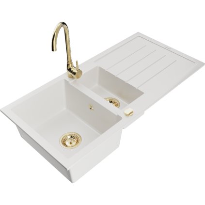 Mexen Andres 1,5-komorový granitový kuchyňský dřez s odkapávačem 100x50 cm a kuchyňská baterie Telma, bílá, 6515-20-670200-50