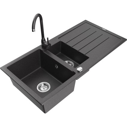 Mexen Andres 1,5-komorový granitový kuchyňský dřez s odkapávačem 100x50 cm a kuchyňská baterie Telma, černá-skvrnitá, 6515-76-670200-76
