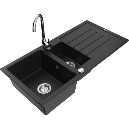 Mexen Andres 1,5-komorový granitový kuchyňský dřez s odkapávačem 100x50 cm a kuchyňská baterie Telma, černá, 6515-77-670200-00