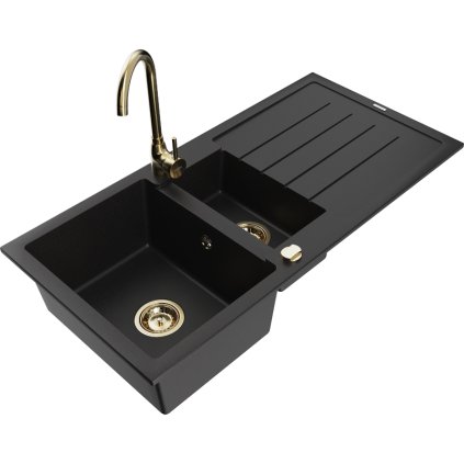 Mexen Andres 1,5-komorový granitový kuchyňský dřez s odkapávačem 100x50 cm a kuchyňská baterie Telma, černá, 6515-77-670200-50