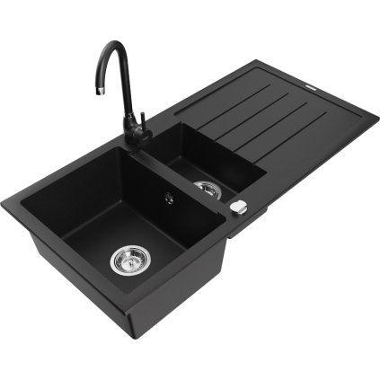 Mexen Andres 1,5-komorový granitový kuchyňský dřez s odkapávačem 100x50 cm a kuchyňská baterie Telma, černá, 6515-77-670200-70