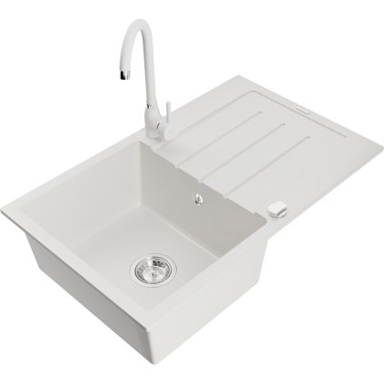 Mexen Bruno, 1-komorový granitový dřez s odkapávačem 80x50 cm a kuchyňskou baterií Telma, bílá, 6513-20-670200-20