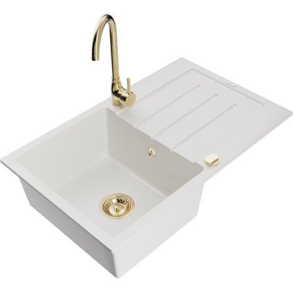 Mexen Bruno, 1-komorový granitový dřez s odkapávačem 80x50 cm a kuchyňskou baterií Telma, bílá, 6513-20-670200-50