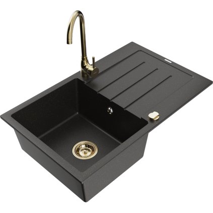 Mexen Bruno, 1-komorový granitový dřez s odkapávačem 80x50 cm a kuchyňskou baterií Telma, černá-zlatá, 6513-75-670200-50