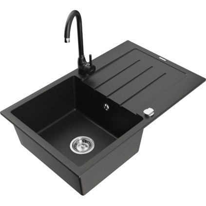 Mexen Bruno, 1-komorový granitový dřez s odkapávačem 80x50 cm a kuchyňskou baterií Telma, černá-zlatá, 6513-75-670200-70