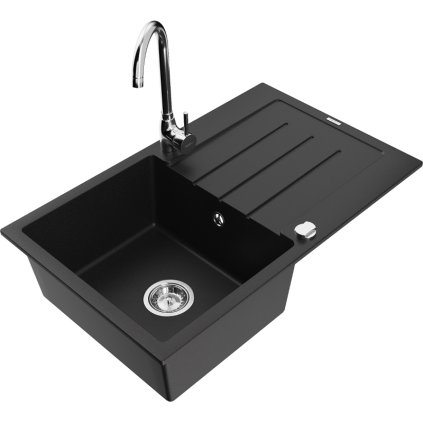 Mexen Bruno, 1-komorový granitový dřez s odkapávačem 80x50 cm a kuchyňskou baterií Telma, černá, 6513-77-670200-00