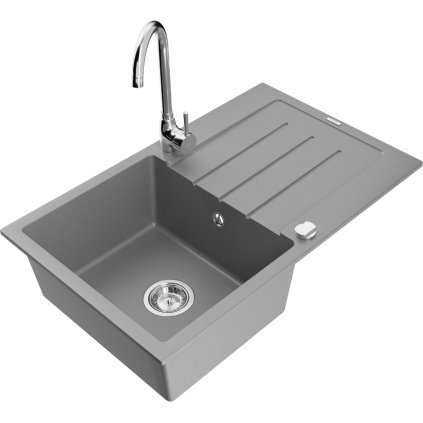 Mexen Bruno, 1-komorový granitový dřez s odkapávačem 80x50 cm a kuchyňskou baterií Telma, šedá, 6513-71-670200-00