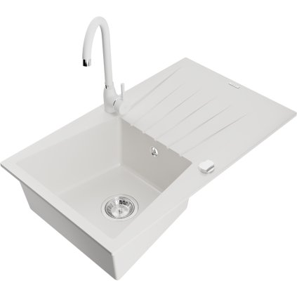 Mexen Cesar, 1-komorový granitový dřez s odkapávačem 78x47 cm a kuchyňskou baterií Telma, bílá, 6514-20-670200-20