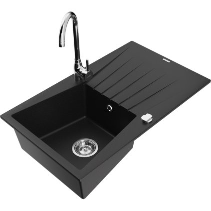 Mexen Cesar, 1-komorový granitový dřez s odkapávačem 78x47 cm a kuchyňskou baterií Telma, černá, 6514-77-670200-00