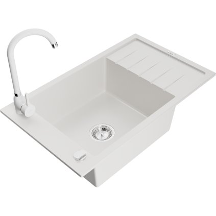 Mexen Elias, 1-komorový granitový dřez s odkapávačem 80x48 cm a kuchyňskou baterií Telma, bílá, 6511-20-670200-20