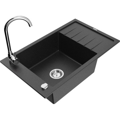 Mexen Elias, 1-komorový granitový dřez s odkapávačem 80x48 cm a kuchyňskou baterií Telma, černá-stříbrná, 6511-73-670200-00