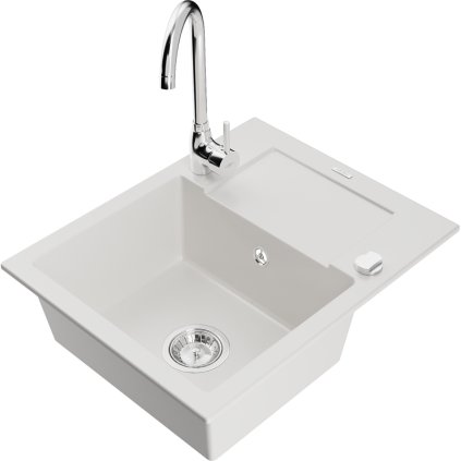 Mexen Enzo, 1-komorový granitový dřez s odkapávačem 58x47 cm a kuchyňskou baterií Telma, bílá, 6506-20-670200-00