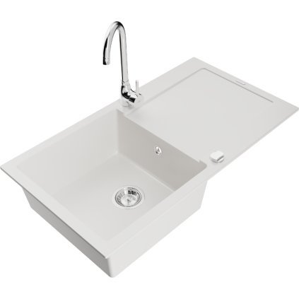 Mexen Leo, 1-komorový granitový dřez s odkapávačem 90x50 cm a kuchyňskou baterií Telma, bílá, 6501-20-670200-00