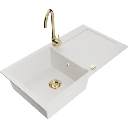 Mexen Leo, 1-komorový granitový dřez s odkapávačem 90x50 cm a kuchyňskou baterií Telma, bílá, 6501-20-670200-50