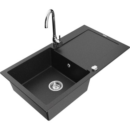Mexen Leo, 1-komorový granitový dřez s odkapávačem 90x50 cm a kuchyňskou baterií Telma, černá-stříbrná metalik, 6501-73-670200-00