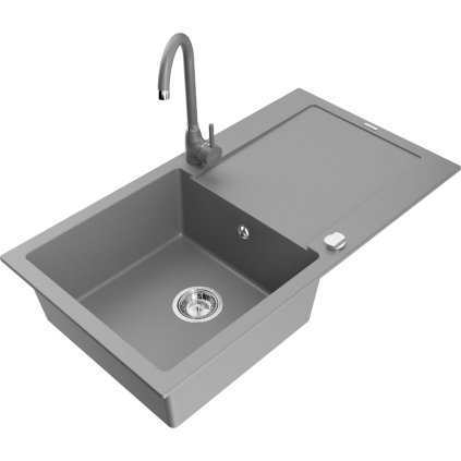 Mexen Leo, 1-komorový granitový dřez s odkapávačem 90x50 cm a kuchyňskou baterií Telma, šedá, 6501-71-670200-71