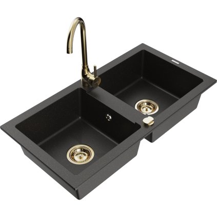 125754 2 mexen mario 2 komorovy granitovy drez 82x44 cm s kuchynskou bateriou telma cierna zlata 6504 75 670200 50
