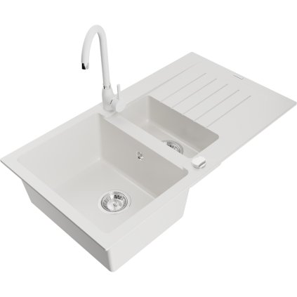 Mexen Matias, 1,5-komorový granitový dřez s odkapávačem 90x50 cm a kuchyňskou baterií Telma, bílá, 6502-20-670200-20