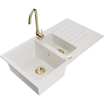 Mexen Matias, 1,5-komorový granitový dřez s odkapávačem 90x50 cm a kuchyňskou baterií Telma, bílá, 6502-20-670200-50