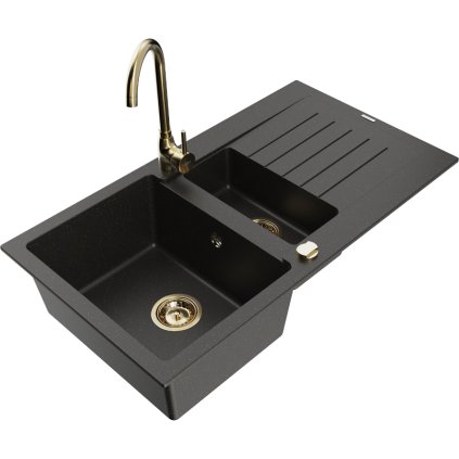 Mexen Matias, 1,5-komorový granitový dřez s odkapávačem 90x50 cm a kuchyňskou baterií Telma, černá-zlatá, 6502-75-670200-50