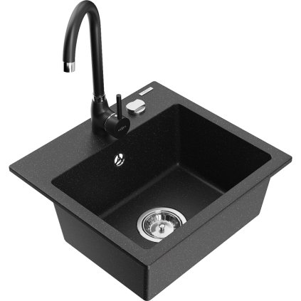 Mexen Milo, 1-komorový granitový dřez 43,5x41 cm a kuchyňská baterie Telma, černá-stříbrná, 6505-73-670200-70