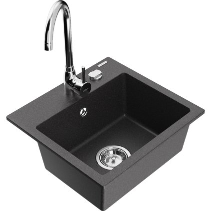 Mexen Milo, 1-komorový granitový dřez 43,5x41 cm a kuchyňská baterie Telma, černá-skvrnitá, 6505-76-670200-00