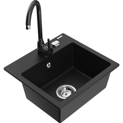 Mexen Milo, 1-komorový granitový dřez 43,5x41 cm a kuchyňská baterie Telma, černá, 6505-77-670200-70