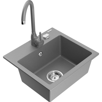 Mexen Milo, 1-komorový granitový dřez 43,5x41 cm a kuchyňská baterie Telma, šedá, 6505-71-670200-71