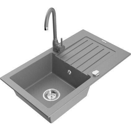 Mexen Pablo, 1-komorový granitový dřez s odkapávačem 75x44 cm a kuchyňskou baterií Telma, šedá, 6510-71-670200-71